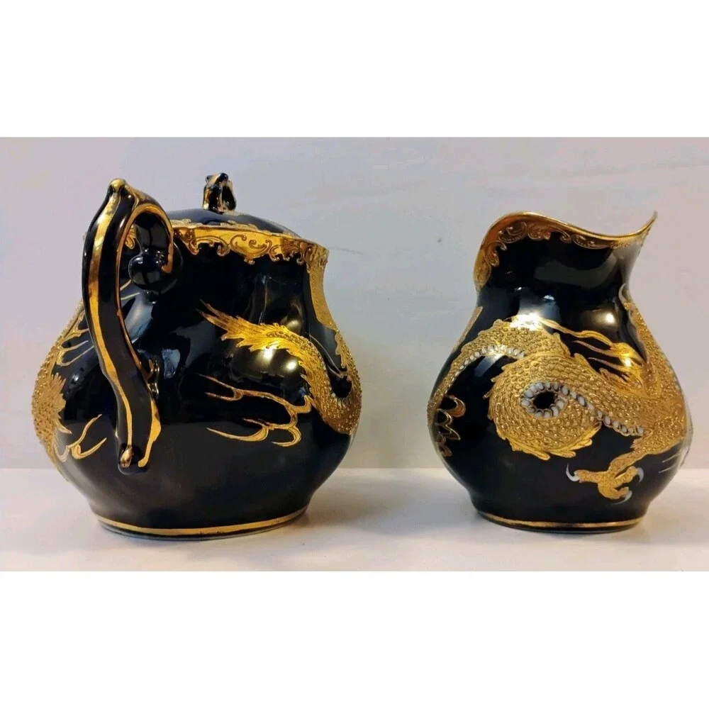 Vtg Chinese Fuzhou Lacquer Dragon Creamer & Sugar Bowl Set Black Gold Collect